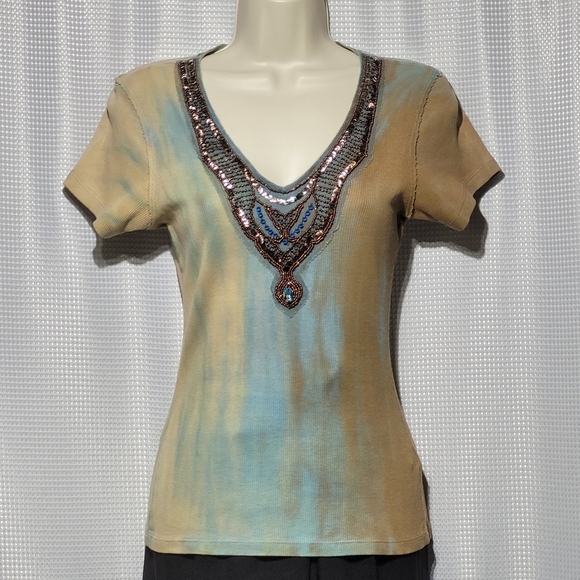 Tie-Dye Beads & Lace Ribbed Short Sleeve Grunge Fairycore Top Made in U.S.A. (S) - Picture 5 of 8